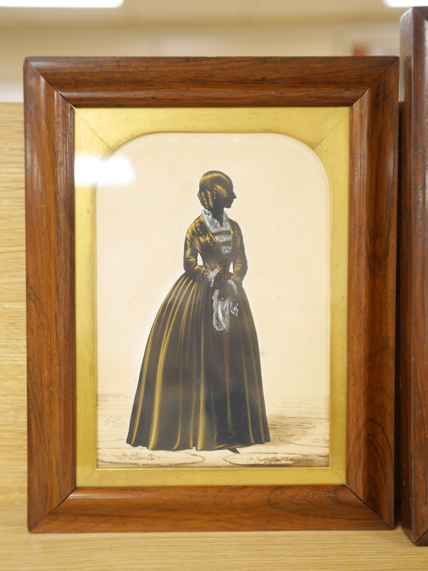 Henry Albert Frith (1819-1871), two silhouettes, Full length studies of a young and an elderly lady, one signed and dated 1849, largest 27 x 17cm, housed in rosewood frames. Condition - fair